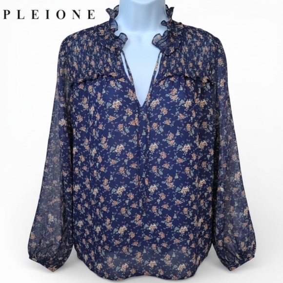 Pleione Tops - Pleione Blouse Women’s Navy Floral Long Sleeve Top Ruffle Smocked Cottage | Sz L